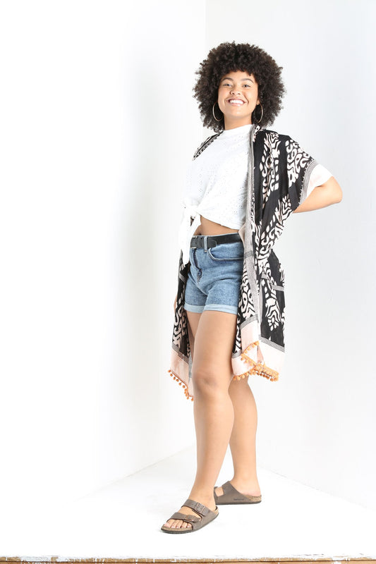 The Sienna Boho Black Kimono with Orange Pom Trim