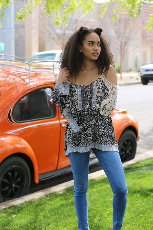 The Elara Crochet-Sleeve Cold-Shoulder Top