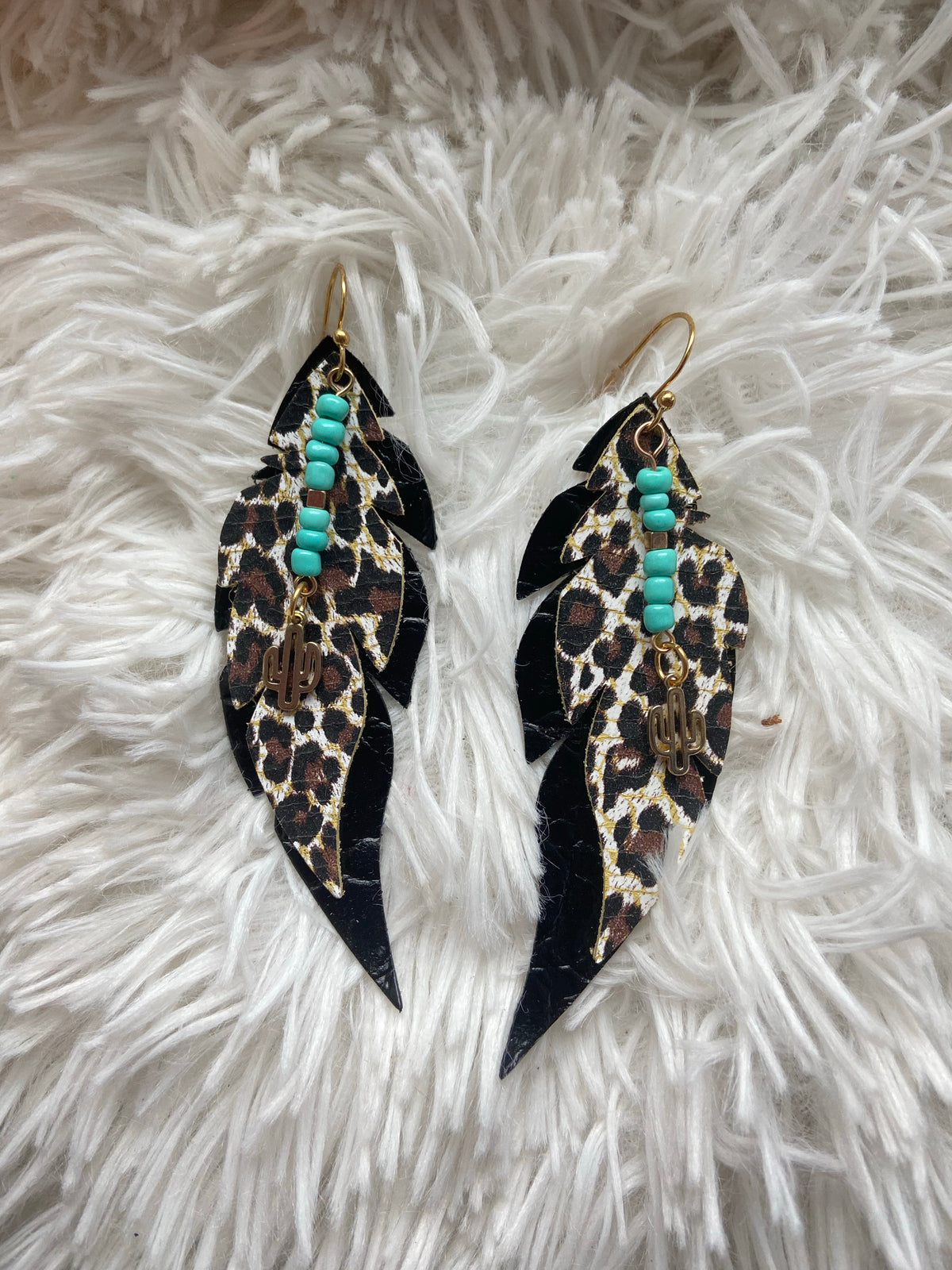 The Turquoise Feather Leopard Layered Earrings