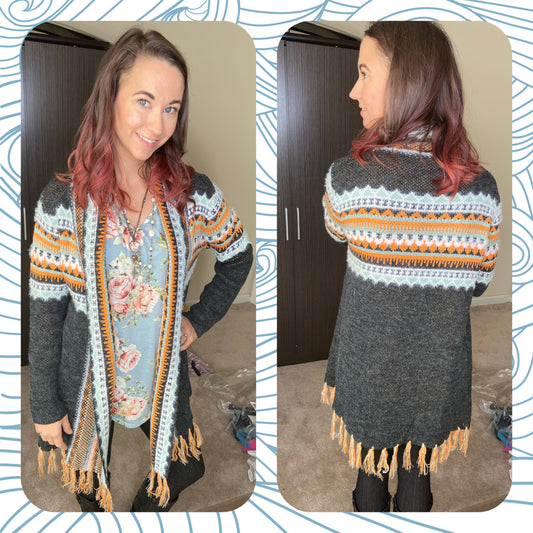 The Raven Patterned Tassel Knit Cardigan