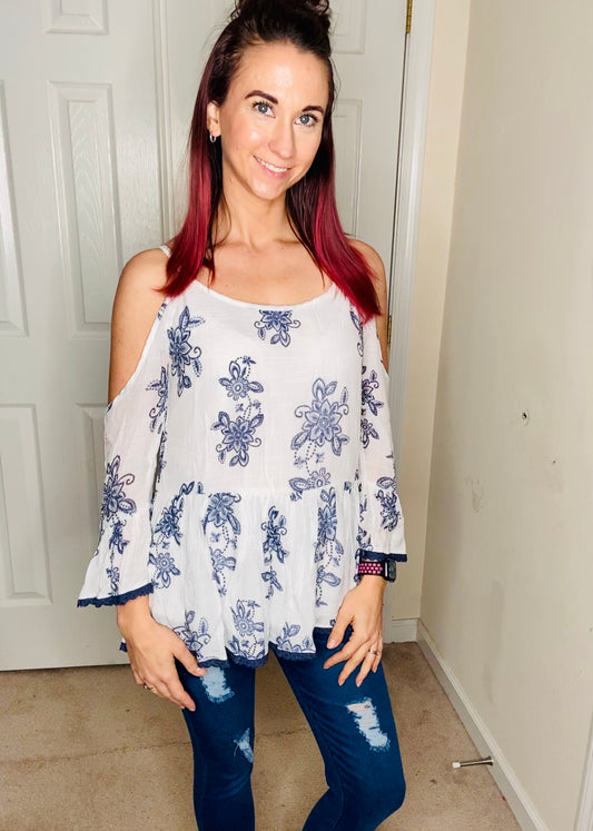 The Amelie Cold-Shoulder Lace-Trim Ruffle Top
