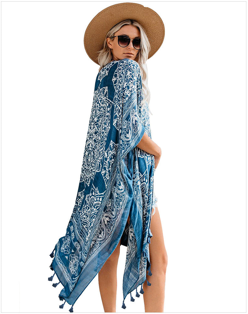 Open Skies Boho Kimono Blue With Poms
