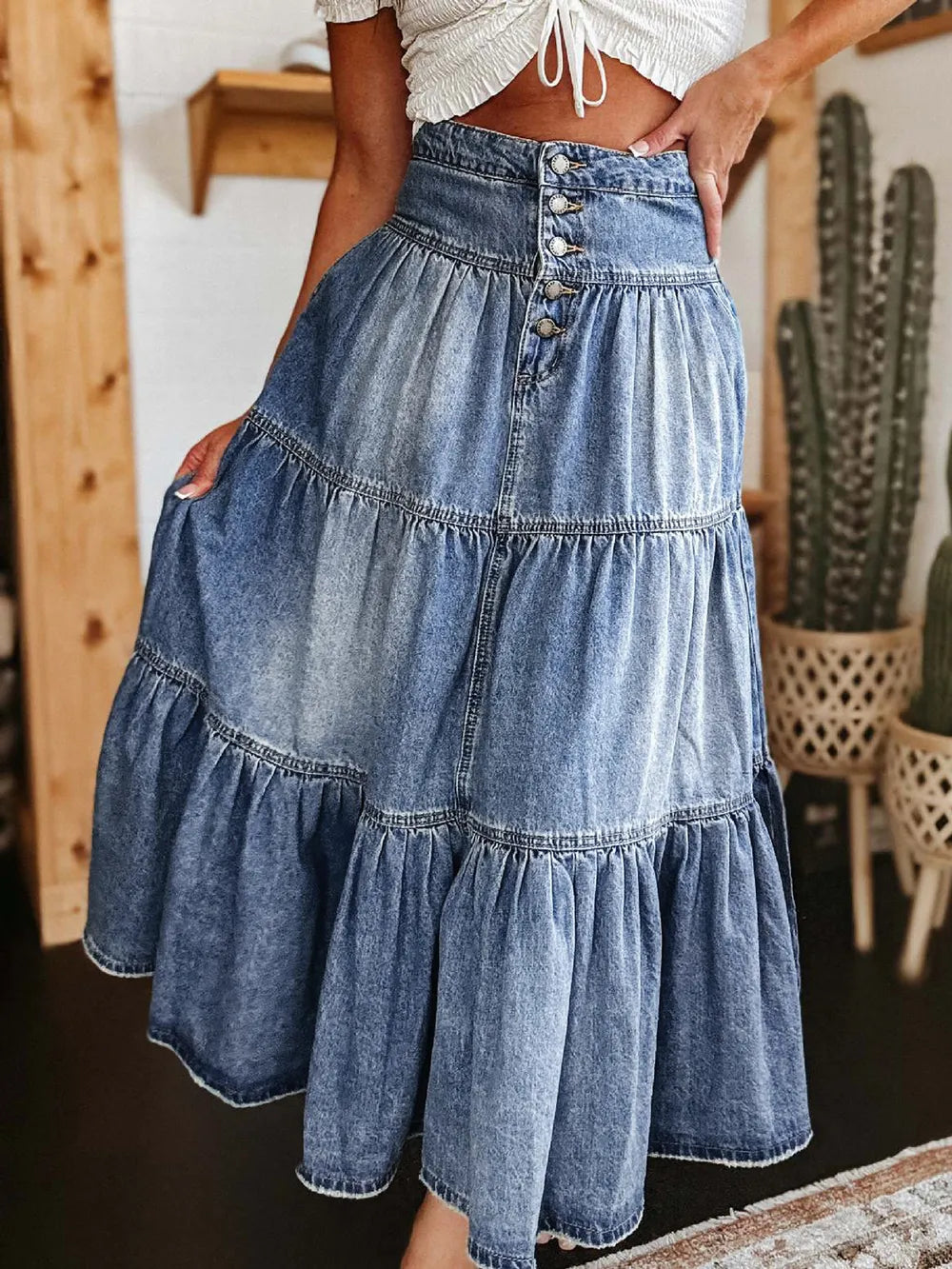 The Sutton Tiered Button-Fly Denim Skirt — Sparrow & Hearth