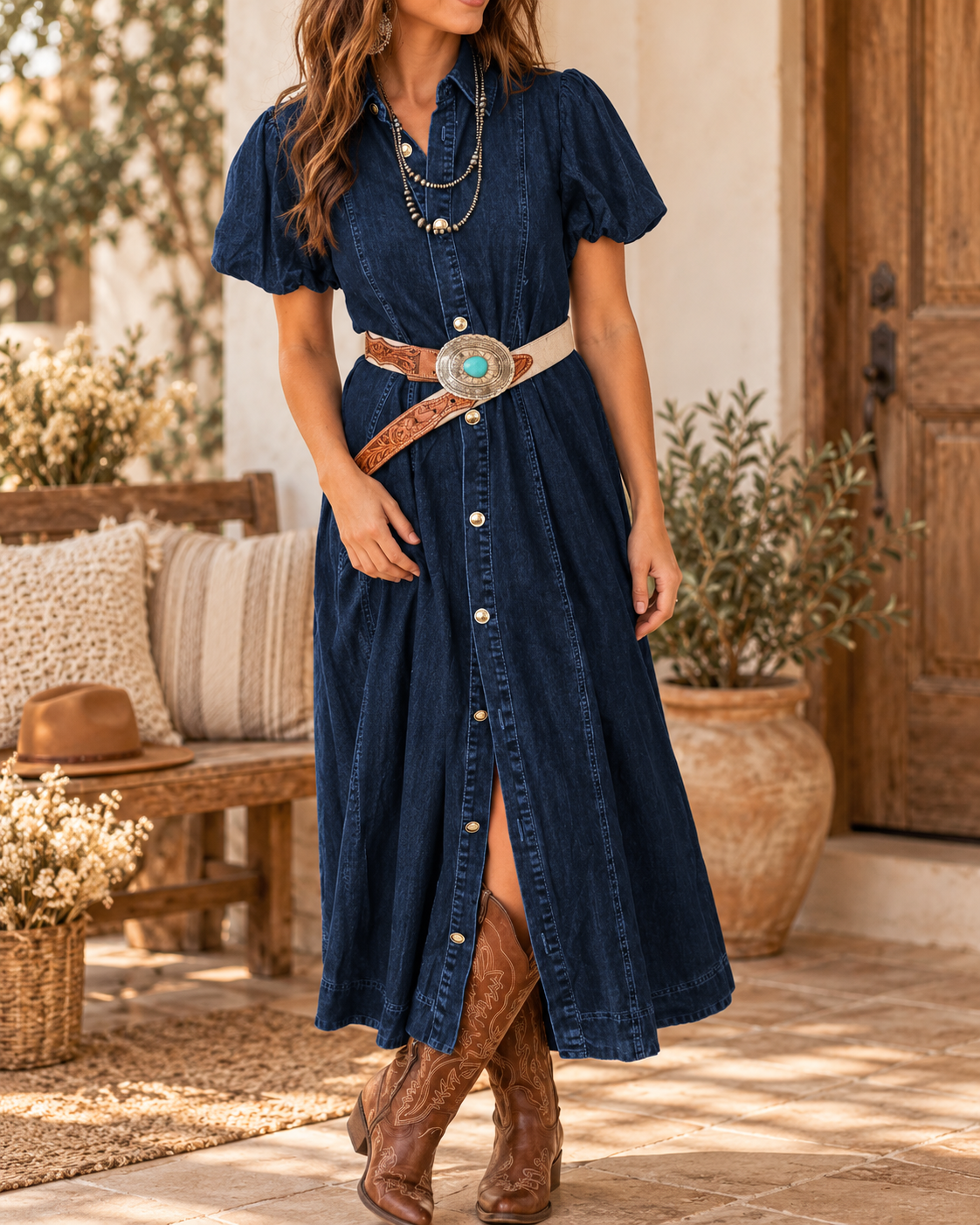The Brielle Belted Button-Down Denim Midi Dress