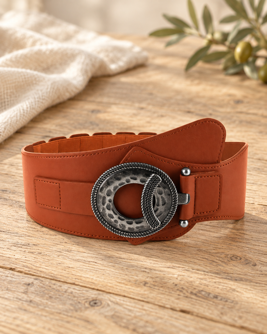 The Retro Muse Wide Elastic Belt — Sparrow & Hearth rustic product photography