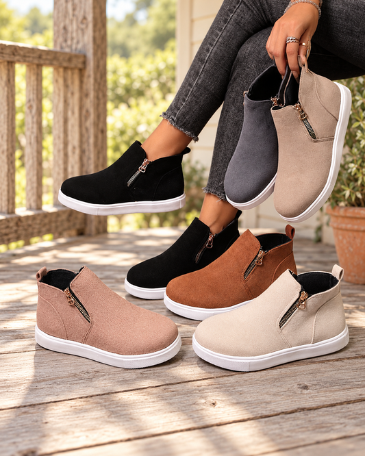The Rowan Suede Side-Zip Ankle Boots styled on a rustic farmhouse porch