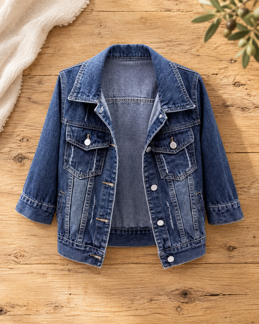 The Brynn Plus-Size Distressed Denim Jacket — Sparrow & Hearth rustic product photography