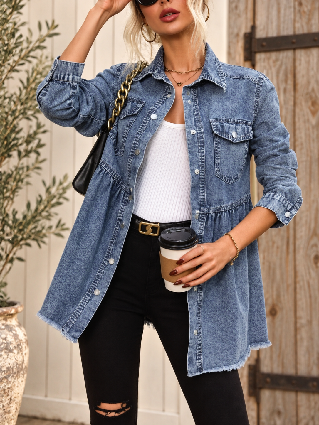 The Darcy Peplum-Hem Denim Jacket — Sparrow & Hearth rustic product photography