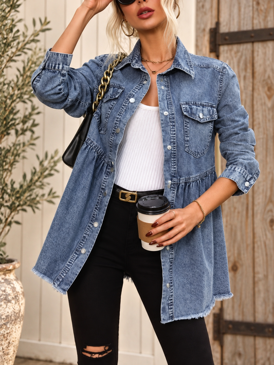 The Darcy Peplum-Hem Denim Jacket — Sparrow & Hearth rustic product photography