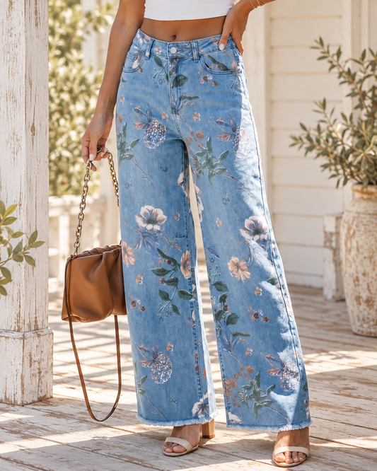 The Willowbrook Floral Print Wide-Leg Jeans — Sparrow & Hearth rustic product photography