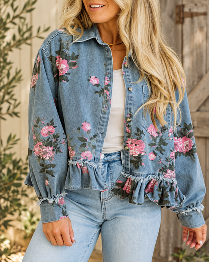 The Marigold Floral Ruffle-Hem Denim Jacket — Sparrow & Hearth rustic product photography