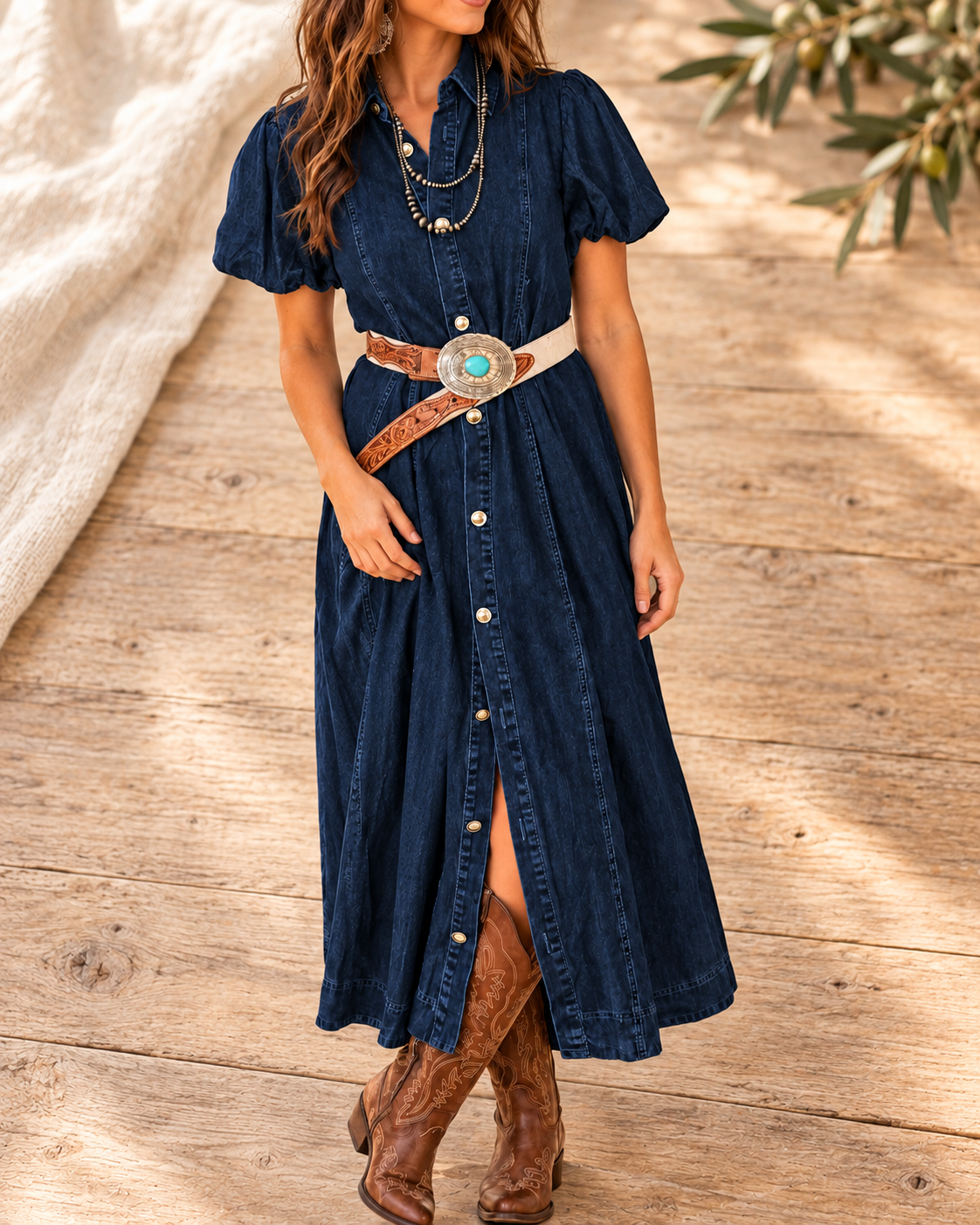 The Brielle Belted Button-Down Denim Midi Dress — Sparrow & Hearth rustic product photography