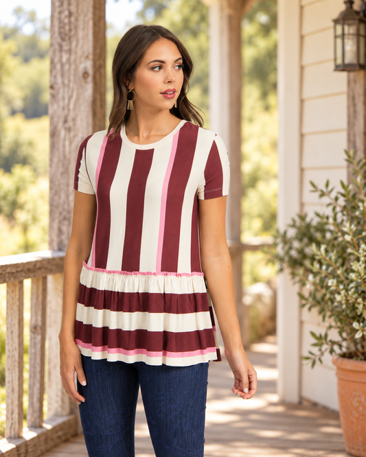 Easy Days Relaxed Ruffle Tee Hello Fall Stripe Black Cherry styled on a rustic farmhouse porch
