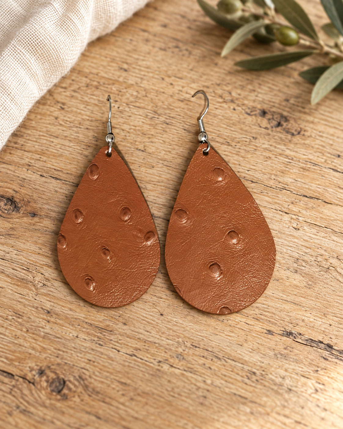 The Lila Handmade Leather Earrings — Sparrow & Hearth rustic product photography