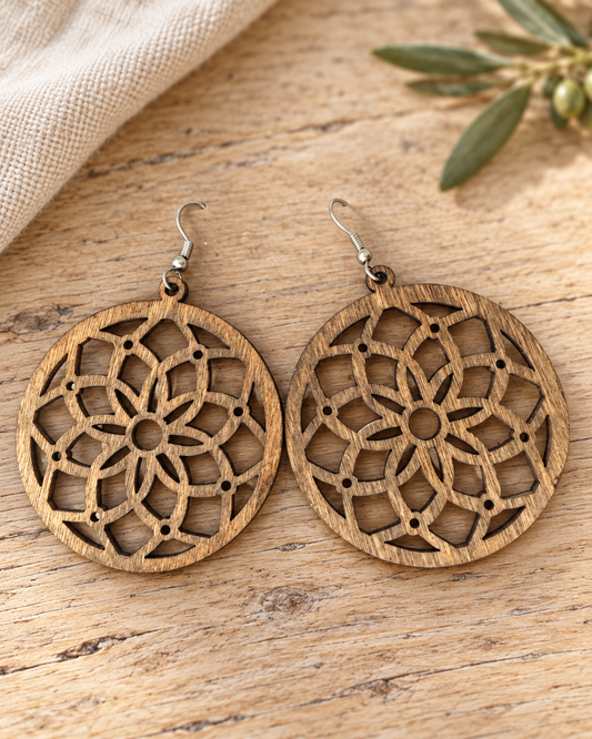 The Artisan Laser-Cut Wood Earrings — Sparrow & Hearth rustic product photography