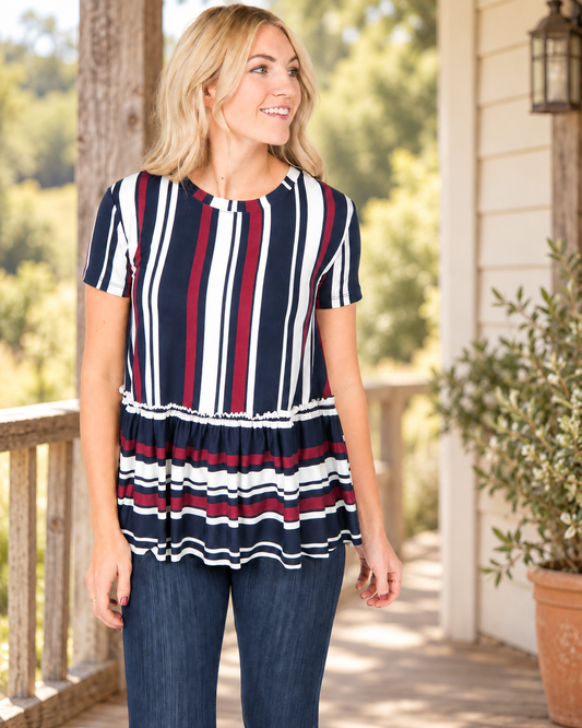 Easy Days Navy Burgundy Tee styled on a rustic farmhouse porch