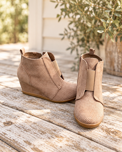 The Taupe Suede Wedge Booties — Sparrow & Hearth rustic product photography