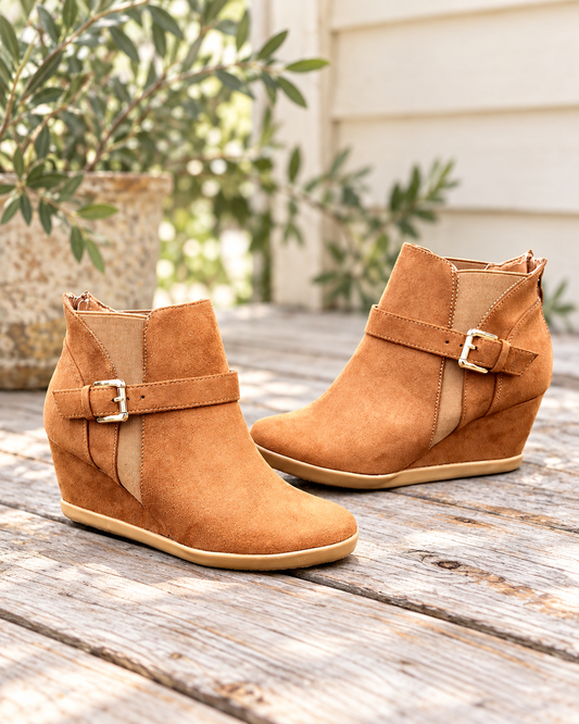 The Cognac Suede Wedge Booties — Sparrow & Hearth rustic product photography
