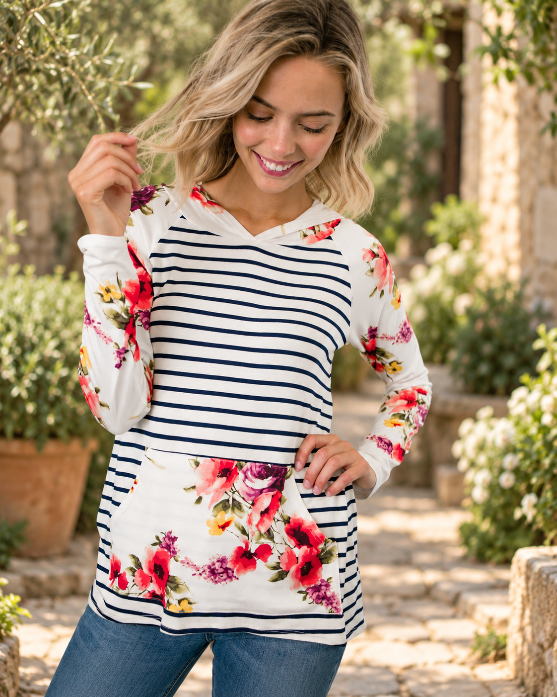 The Willow Bloom Floral-Stripe Hi-Low Hoodie — Sparrow & Hearth rustic product photography