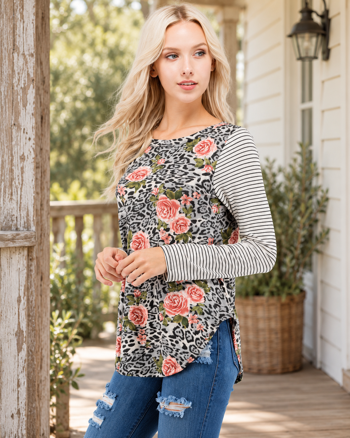 The Wild Rose Leopard & Stripe Floral Top — Sparrow & Hearth rustic product photography