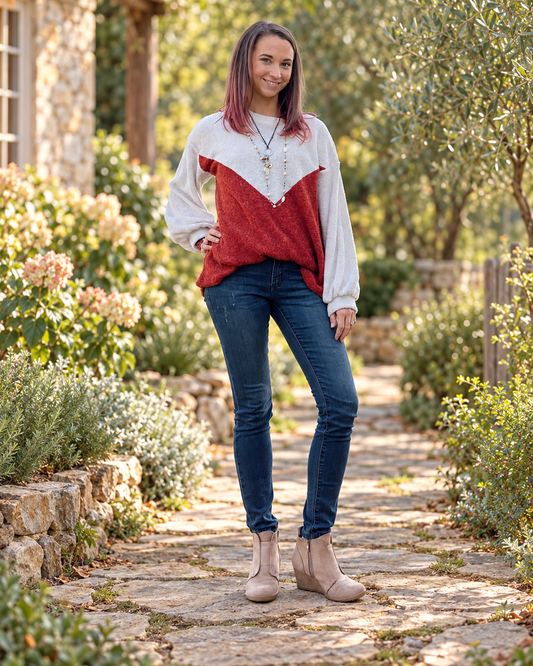 The Harvest Chevron Rust & Cream Sweater — Sparrow & Hearth rustic product photography