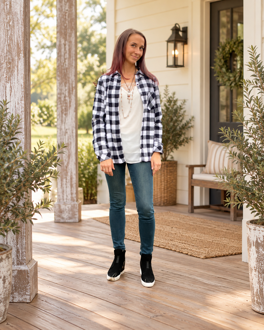 The Northwood Black & White Fleece-Lined Plaid Flannel — Sparrow & Hearth rustic product photography