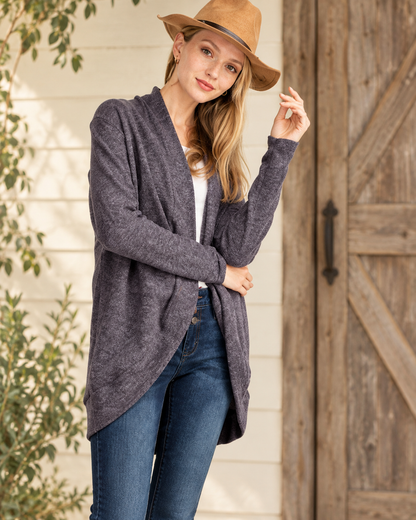 The Charcoal Tulip-Hem Hacci Cardigan — Sparrow & Hearth rustic product photography