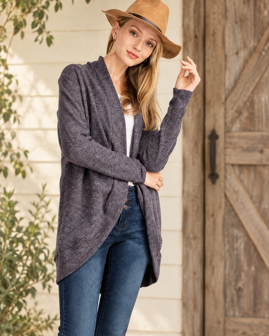 The Charcoal Tulip-Hem Hacci Cardigan — Sparrow & Hearth rustic product photography