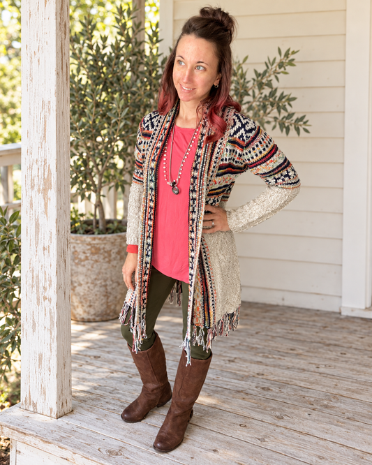 The Hearthwood Tassel Knit Cardigan — Sparrow & Hearth rustic product photography