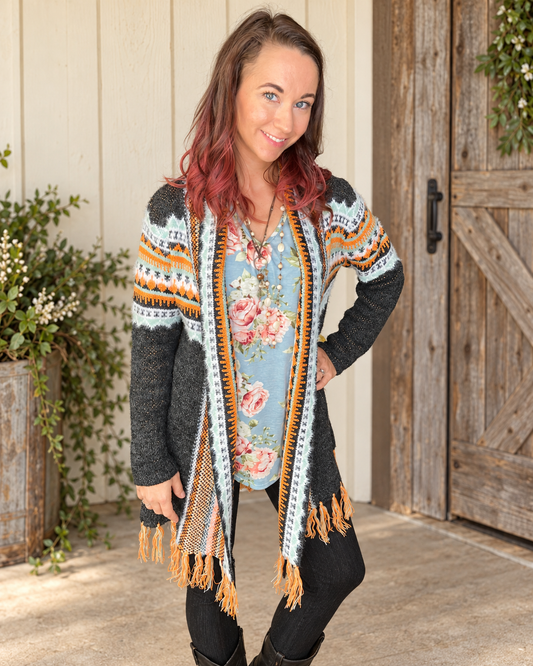 The Raven Patterned Tassel Knit Cardigan — Sparrow & Hearth rustic product photography