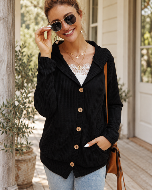 The Midnight Waffle-Knit Hooded Cardigan — Sparrow & Hearth rustic product photography