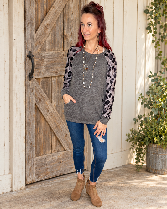 The Marlow Leopard-Sleeve Pocket Sweatshirt — Sparrow & Hearth rustic product photography