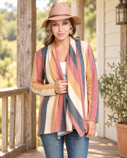 Coral Cloud Cardigan styled on a rustic farmhouse porch