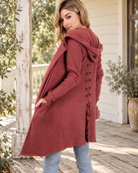 The Blush Haven Lace-Back Hooded Cardigan — Sparrow & Hearth rustic product photography