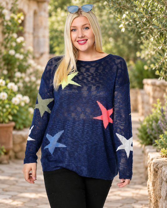 The Starry Night Navy Multicolor Star Sweater — Sparrow & Hearth rustic product photography