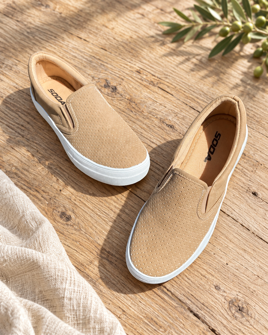 The Camel Nubuck Faux-Leather Sneakers — Sparrow & Hearth rustic product photography