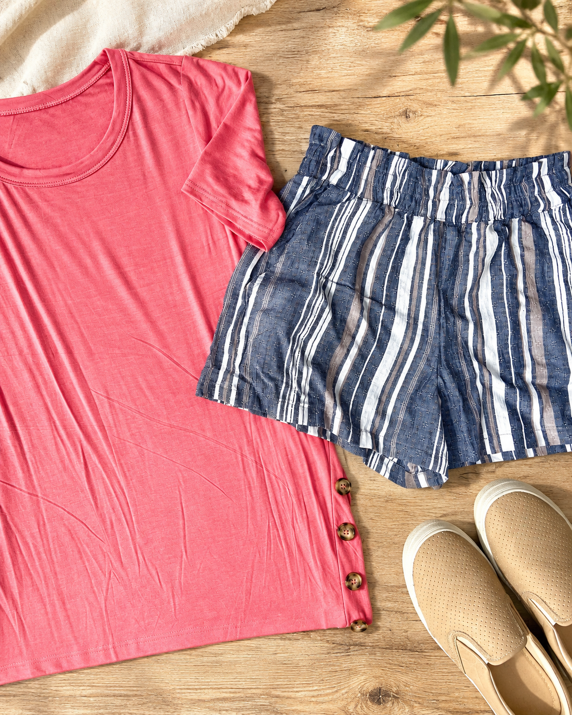 The Ashford Grey-Stripe Shirred-Waist Shorts — Sparrow & Hearth rustic product photography