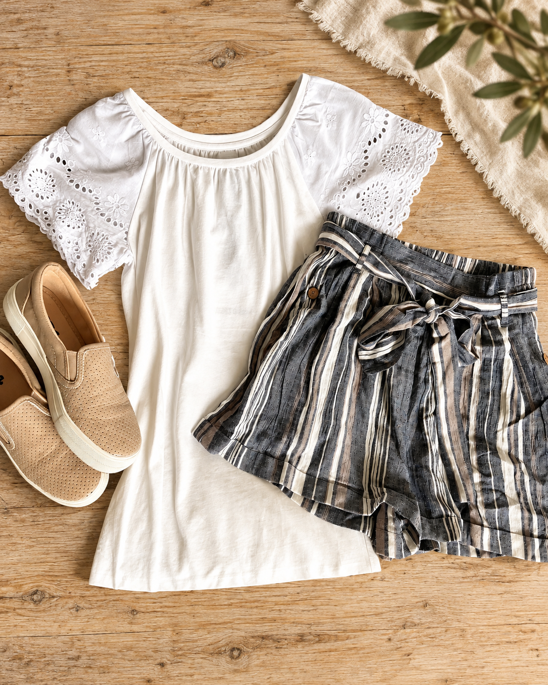 The Greyson Stripe Tie-Waist Shorts — Sparrow & Hearth rustic product photography