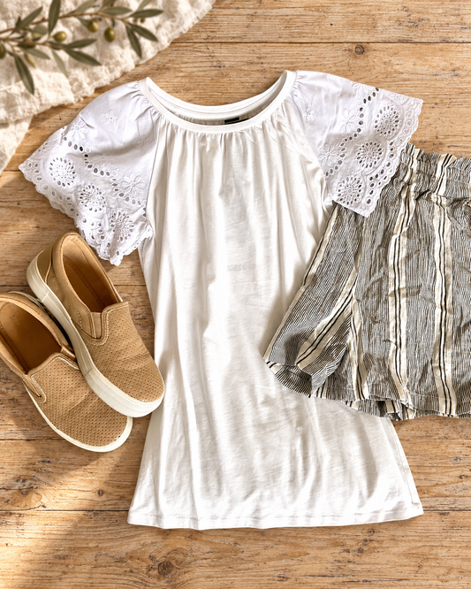 The Sandbar Khaki-Stripe Shirred-Waist Shorts — Sparrow & Hearth rustic product photography
