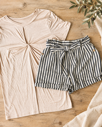 The Driftwood Light-Grey Stripe Tie-Waist Shorts — Sparrow & Hearth rustic product photography