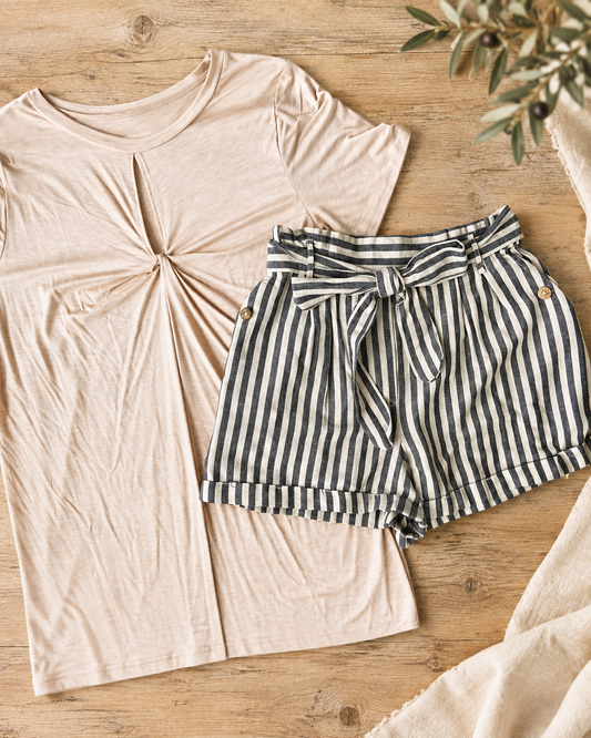 The Driftwood Light-Grey Stripe Tie-Waist Shorts — Sparrow & Hearth rustic product photography
