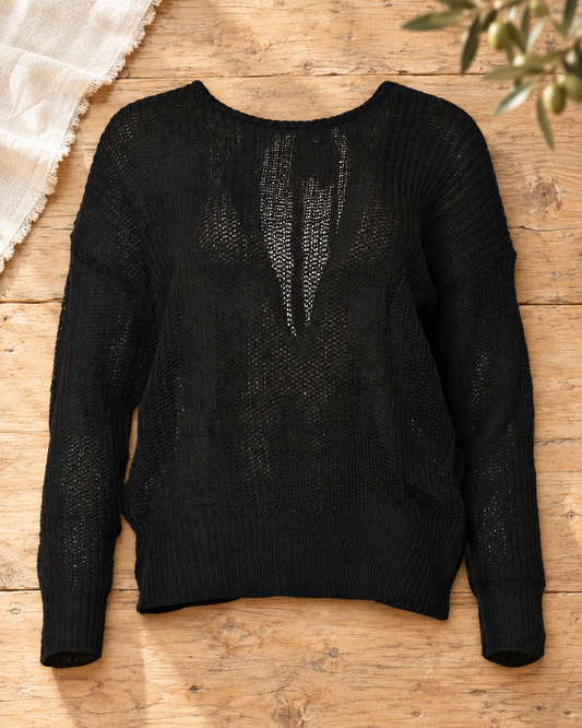 The Noelle Black Cross-Back Shoulder-Tie Sweater — Sparrow & Hearth rustic product photography