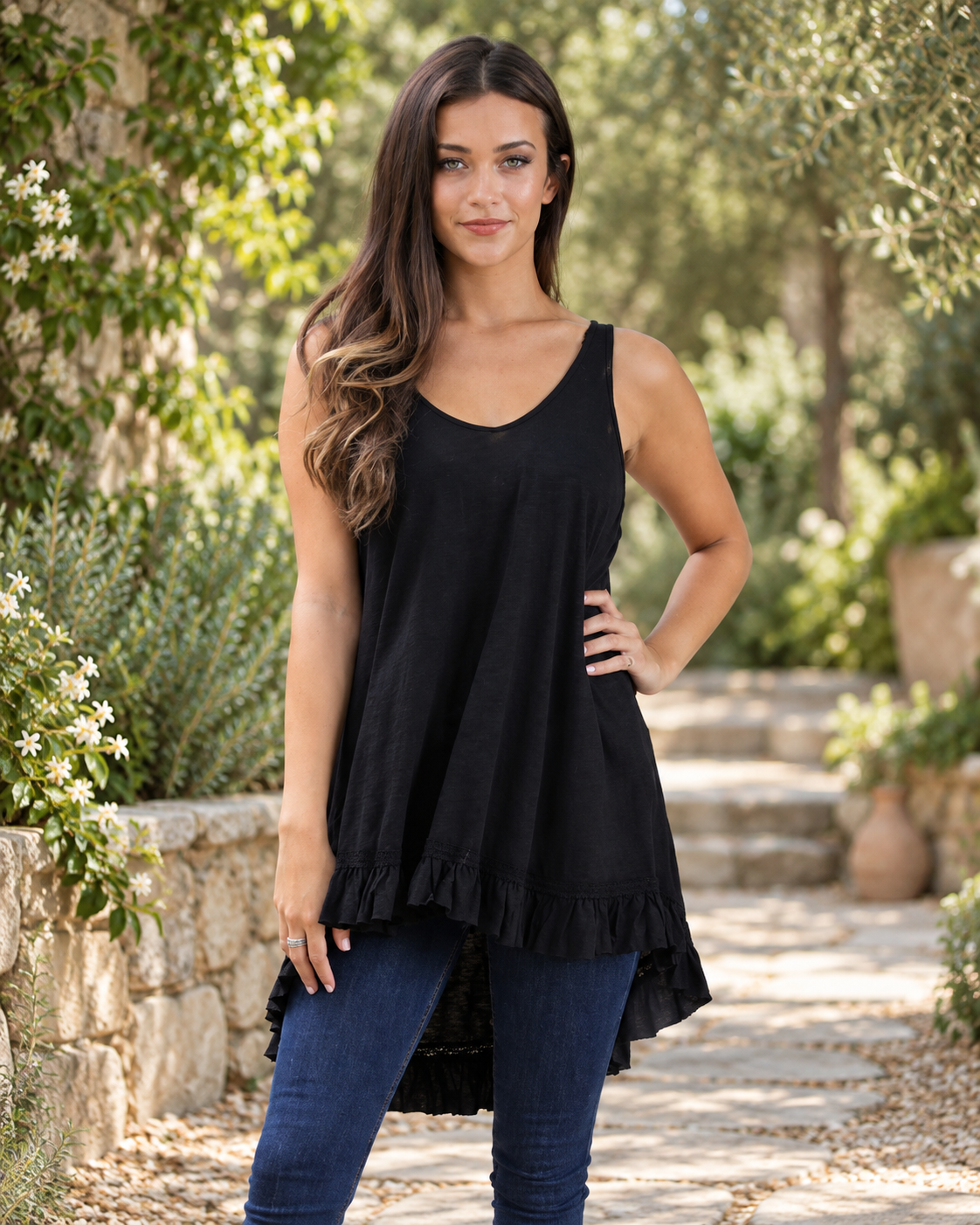 The Nocturne Black Lace-Hem V-Neck Tank — Sparrow & Hearth rustic product photography