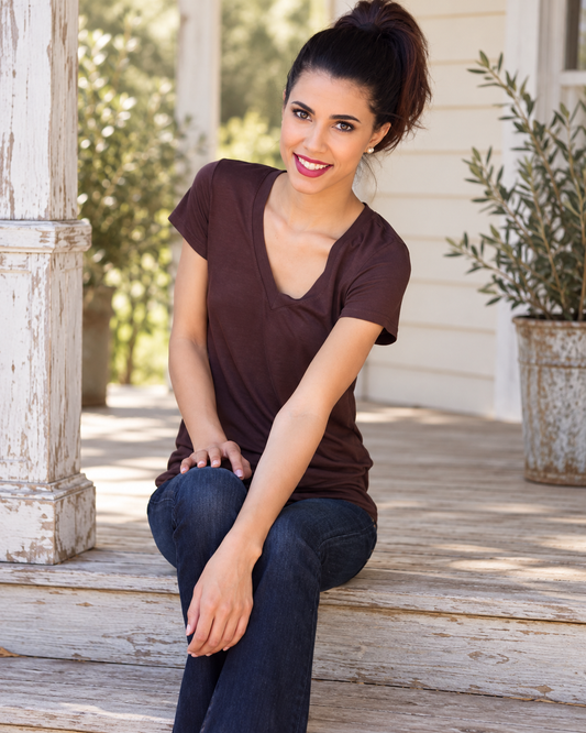 The Mocha Morning Everyday V-Neck Tee — Sparrow & Hearth rustic product photography