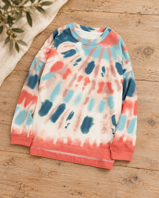The Coral Sunset Tie-Dye Pullover — Sparrow & Hearth rustic product photography