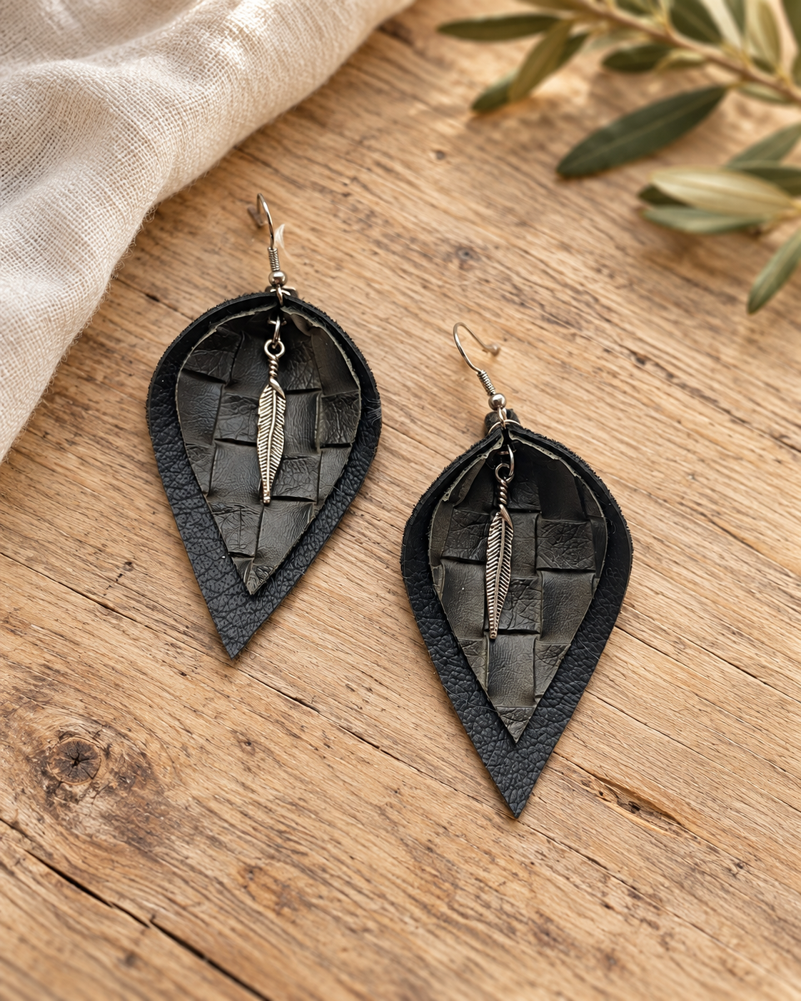 The Midnight Feather Woven Layered Earrings — Sparrow & Hearth rustic product photography
