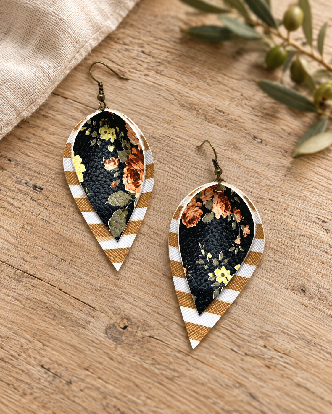 The Prairie Stripe Floral Layered Earrings — Sparrow & Hearth rustic product photography