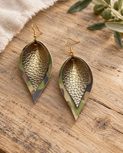 The Golden Camo Layered Earrings — Sparrow & Hearth rustic product photography