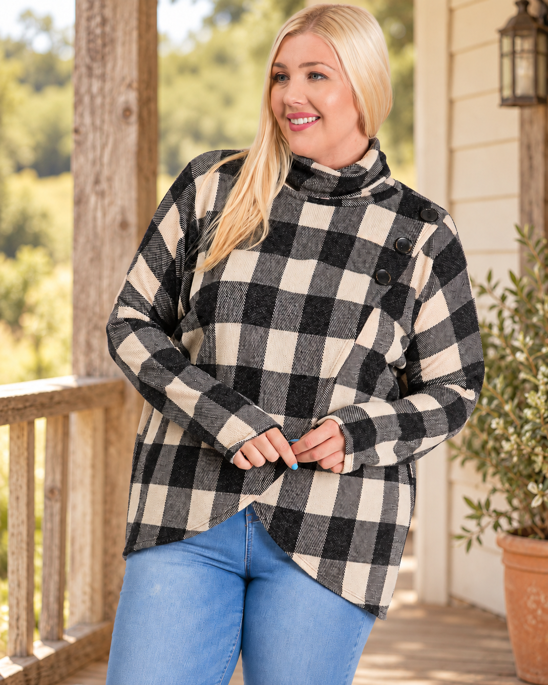 Fireside Sweater styled on a rustic farmhouse porch