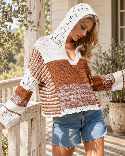 The Hadley Openwork Contrast Hooded Sweater — Sparrow & Hearth rustic product photography